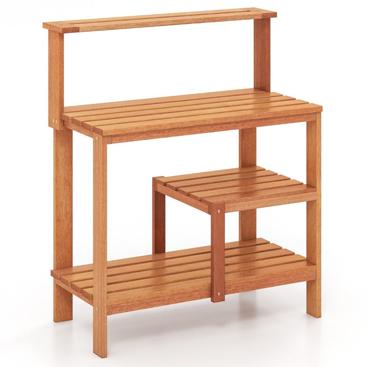 Garden Potting Bench Table with Open Shelves and Teak Oil Finish - TidySpaces