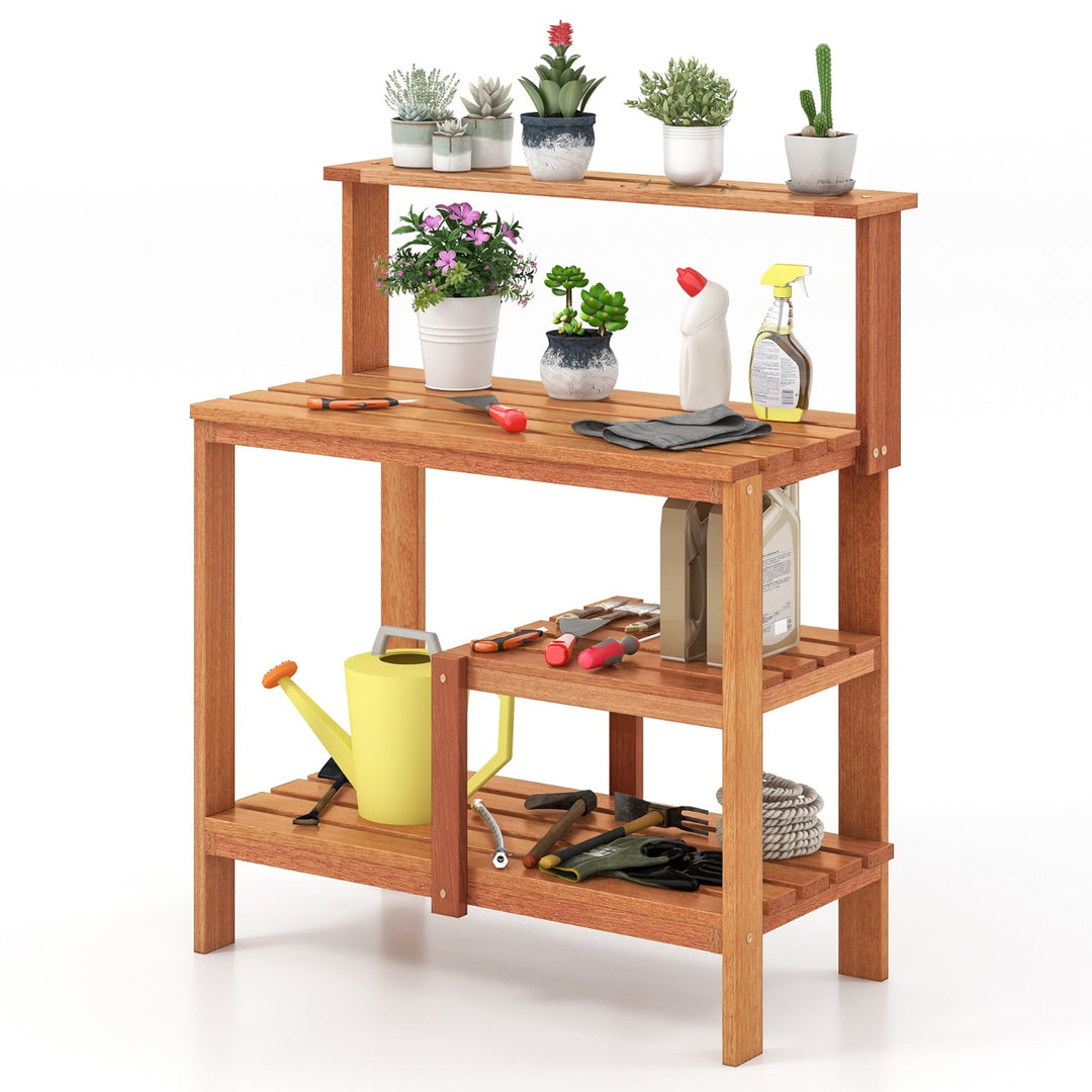 Garden Potting Bench Table with Open Shelves and Teak Oil Finish - TidySpaces