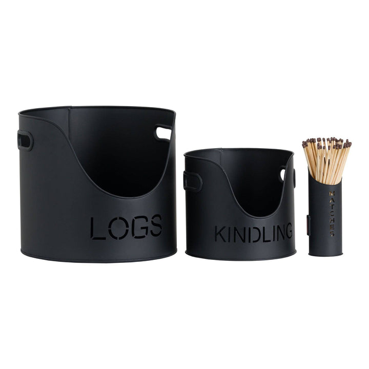 Black Finish Logs And Kindling Buckets & Matchstick Holder BLACK METAL - TidySpaces