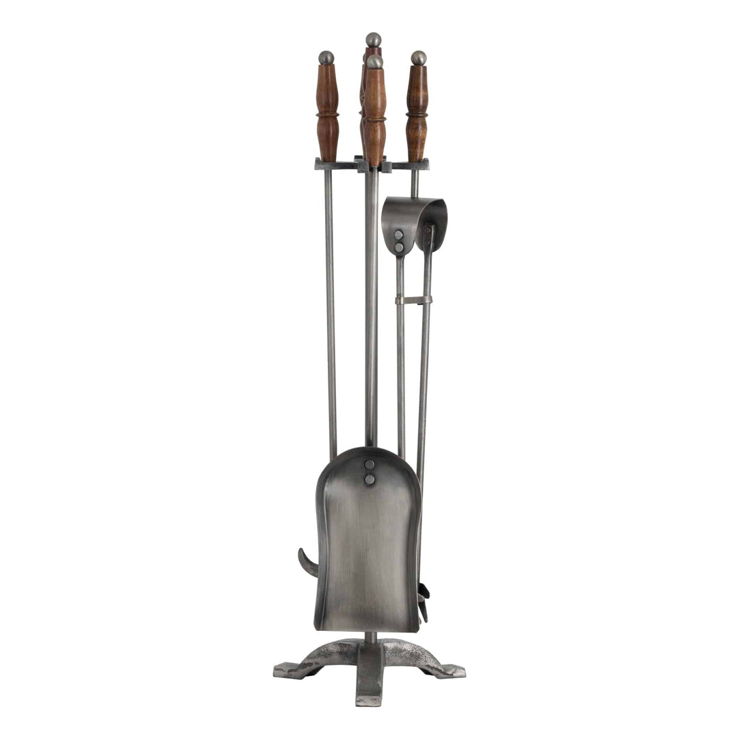 Hand Turned Fire Companion Set In Antique Pewter With Wooden Handles BROWN METAL - TidySpaces