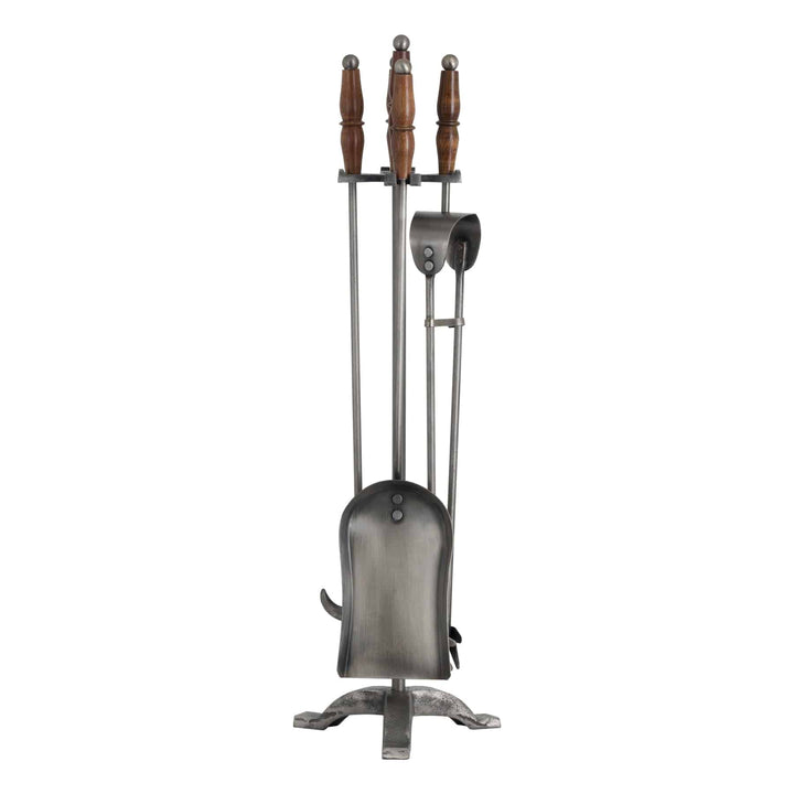 Hand Turned Fire Companion Set In Antique Pewter With Wooden Handles BROWN METAL - TidySpaces