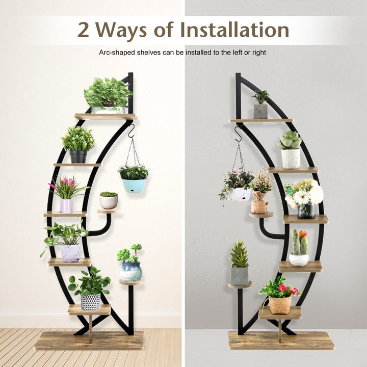 8 Tier Tall Wooden Curved Half Moo Shape Plant Stand with Top Hook - TidySpaces