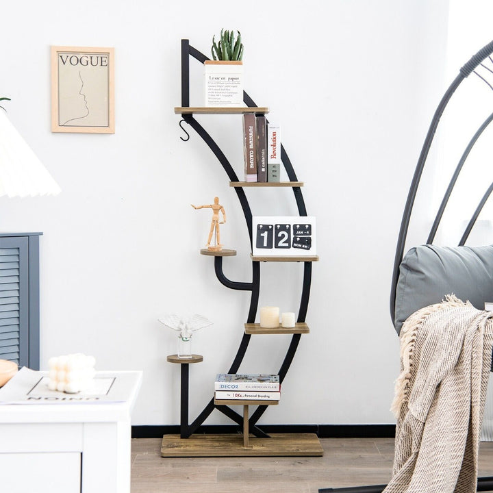 8 Tier Tall Wooden Curved Half Moo Shape Plant Stand with Top Hook - TidySpaces