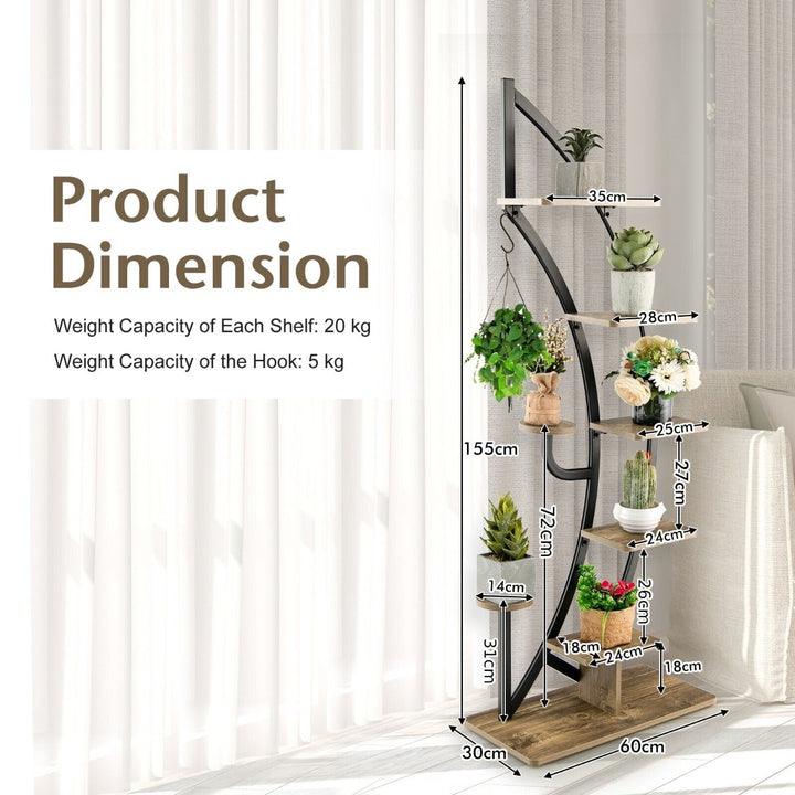 8 Tier Tall Wooden Curved Half Moo Shape Plant Stand with Top Hook - TidySpaces