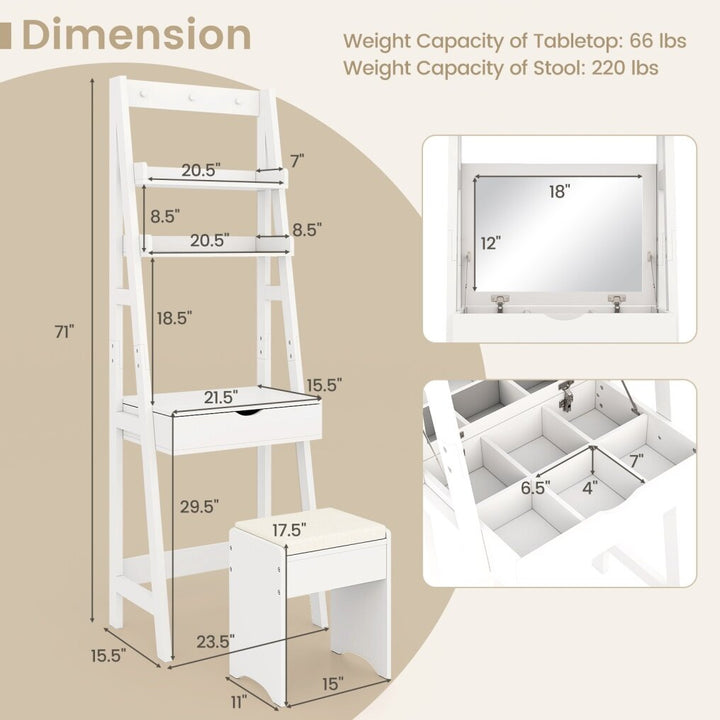 Vanity Desk Set with Flip Top Mirror and Hooks-White