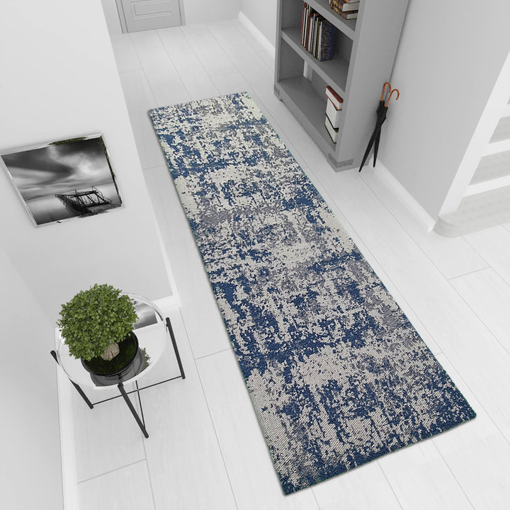 Cotton Rug Navy Blue Grey Abstract 75x300cm Blue Grey - TidySpaces