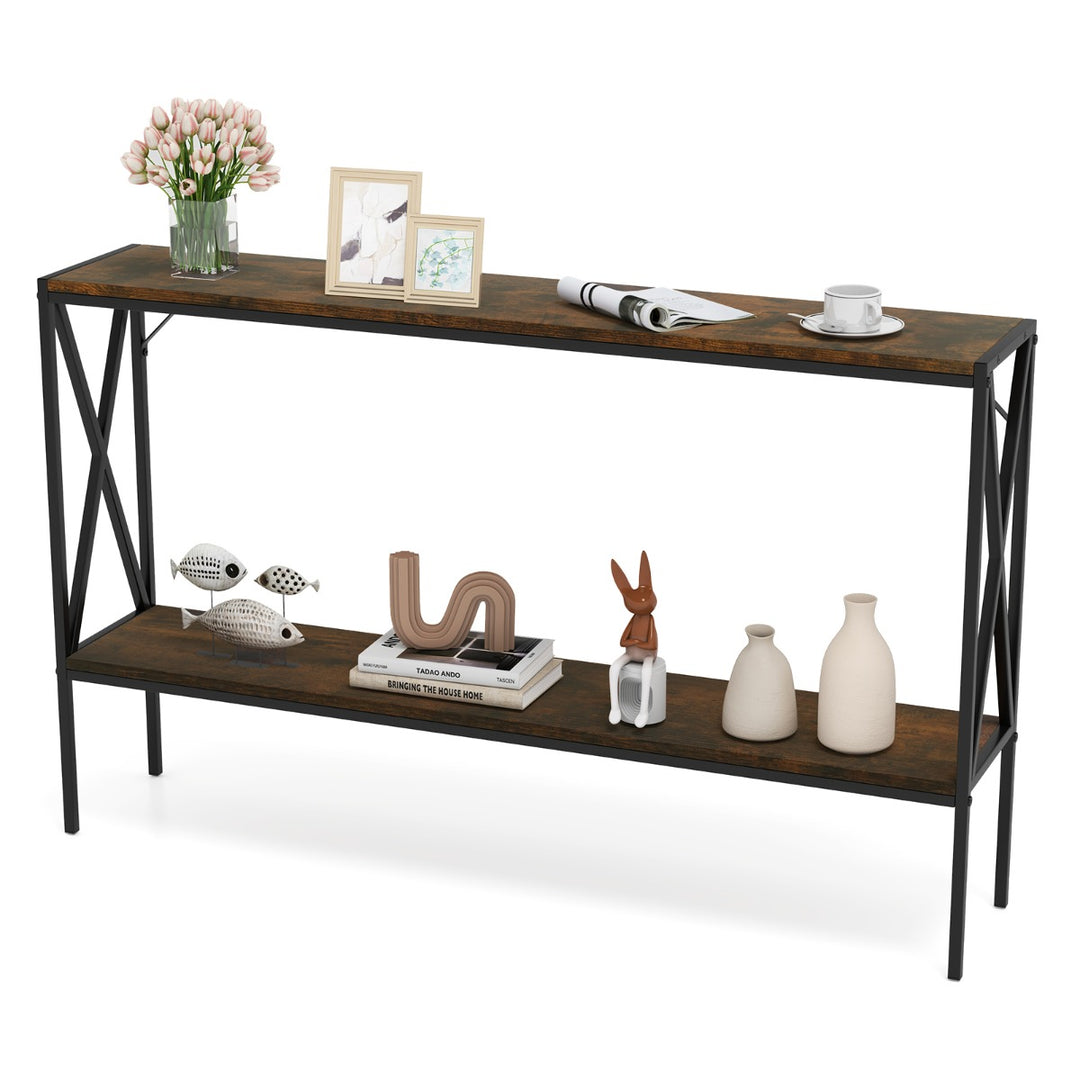 Industrial Console Table 2-Tier Narrow Sofa Table Behind Couch-Rustic Brown - TidySpaces