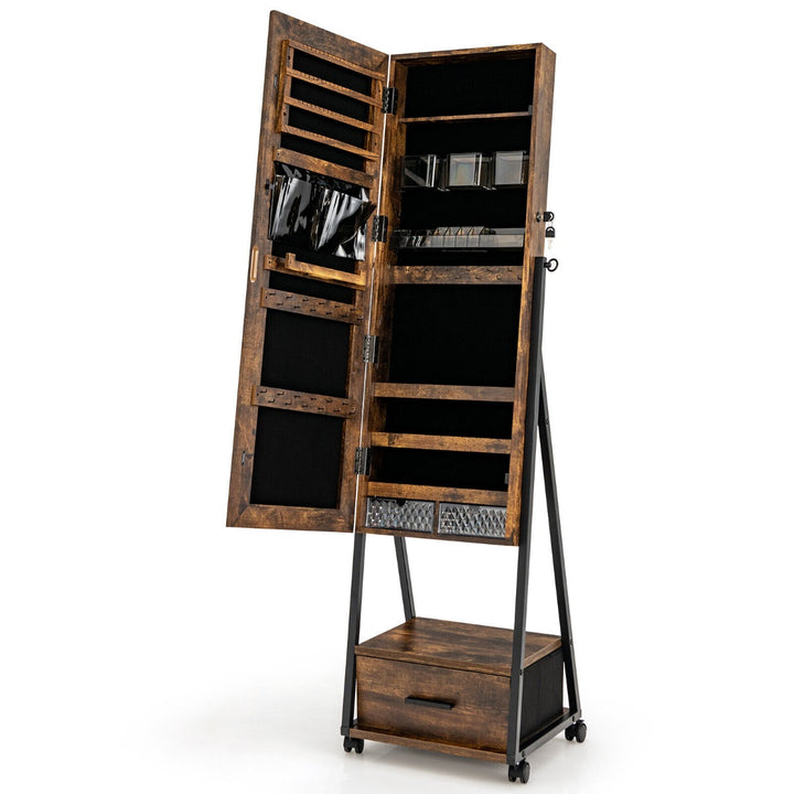 Mobile Standing Lockable Jewelry Cabinet with Full Length Mirror Coffee - TidySpaces