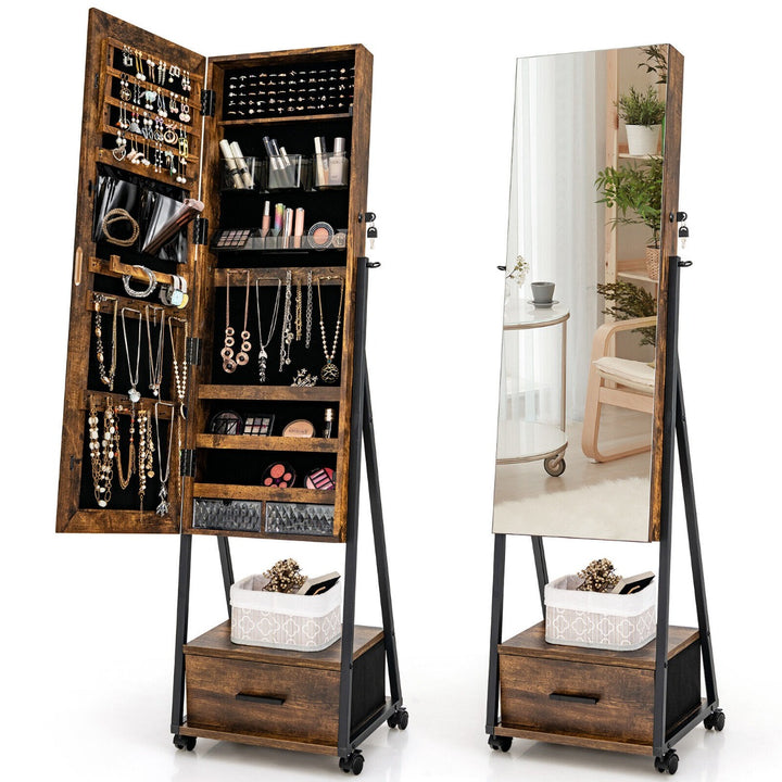 Mobile Standing Lockable Jewelry Cabinet with Full Length Mirror Coffee - TidySpaces