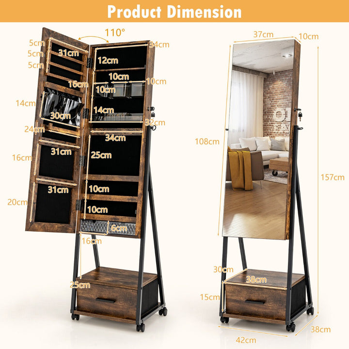 Mobile Standing Lockable Jewelry Cabinet with Full Length Mirror Coffee - TidySpaces