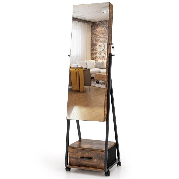Mobile Standing Lockable Jewelry Cabinet with Full Length Mirror Coffee - TidySpaces
