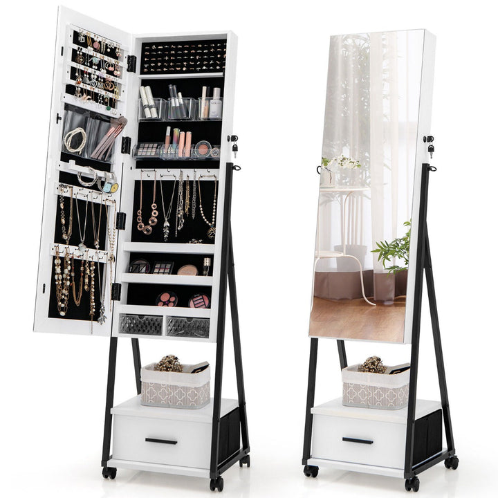 Mobile Standing Lockable Jewelry Cabinet with Full Length Mirror Coffee White - TidySpaces