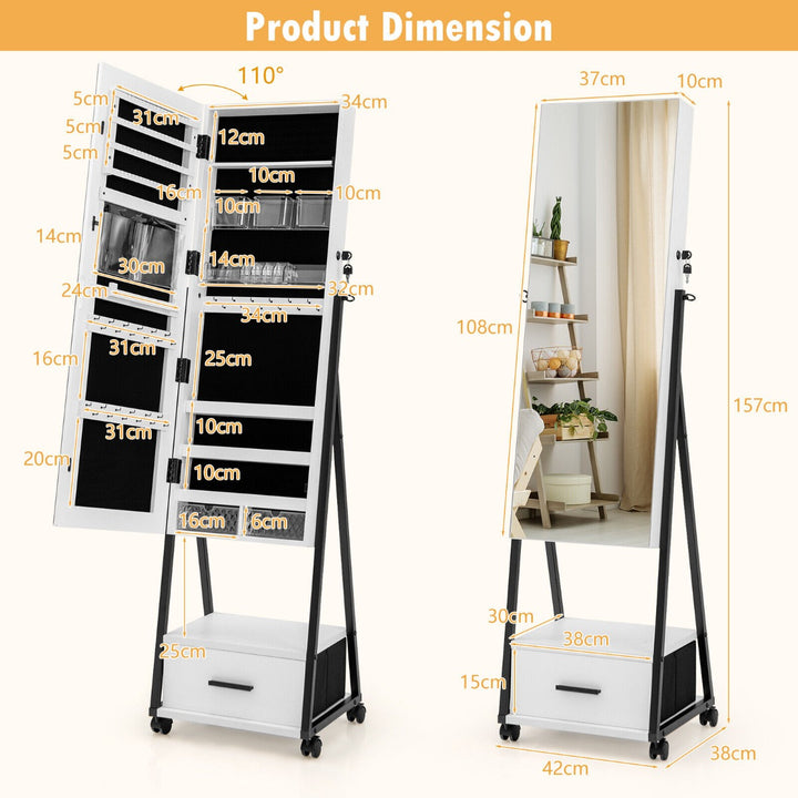 Mobile Standing Lockable Jewelry Cabinet with Full Length Mirror Coffee - TidySpaces