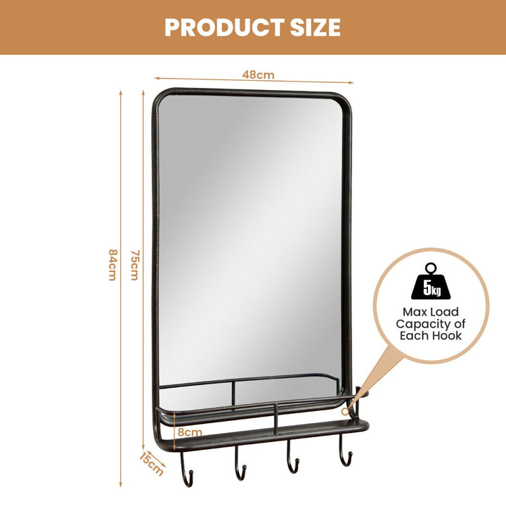 Wall-Mounted Rectangular Bathroom Mirror with Storage Shelf and Hooks - TidySpaces