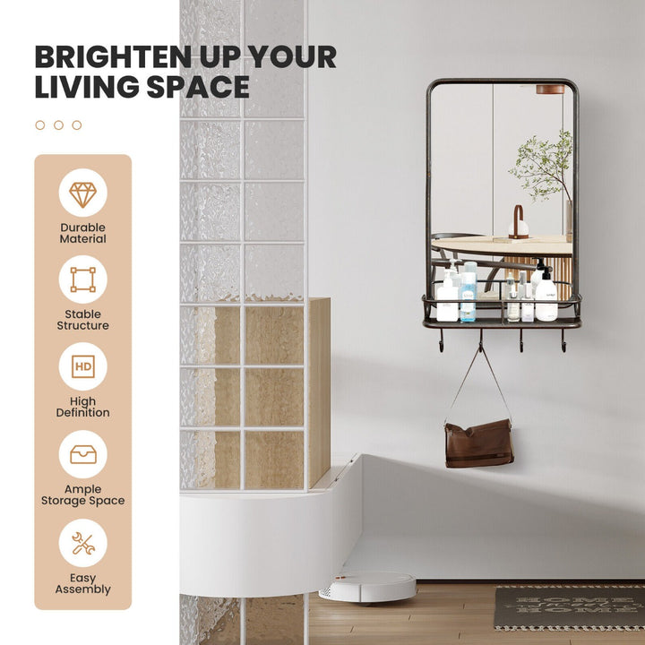 Wall-Mounted Rectangular Bathroom Mirror with Storage Shelf and Hooks - TidySpaces