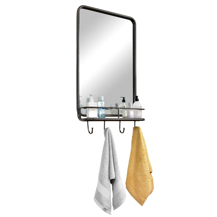 Wall-Mounted Rectangular Bathroom Mirror with Storage Shelf and Hooks - TidySpaces