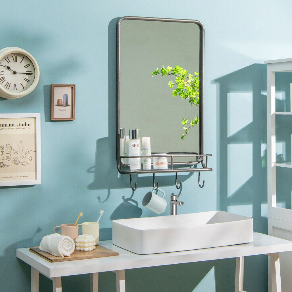 Wall-Mounted Rectangular Bathroom Mirror with Storage Shelf and Hooks - TidySpaces