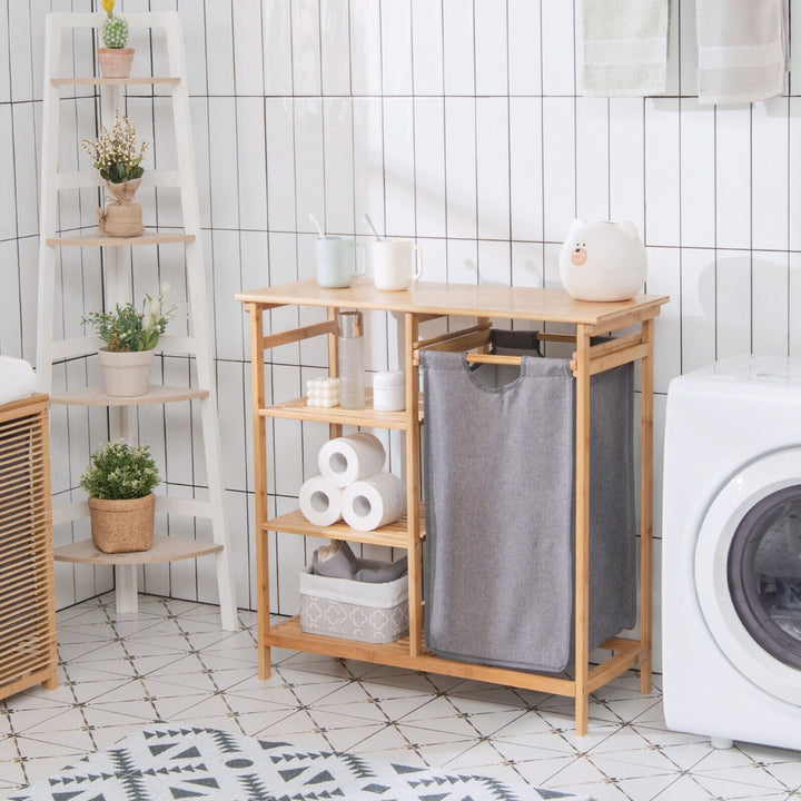 Bamboo Laundry Basket with Removable Pull-Out Bag and Storage Shelf-Natural - TidySpaces
