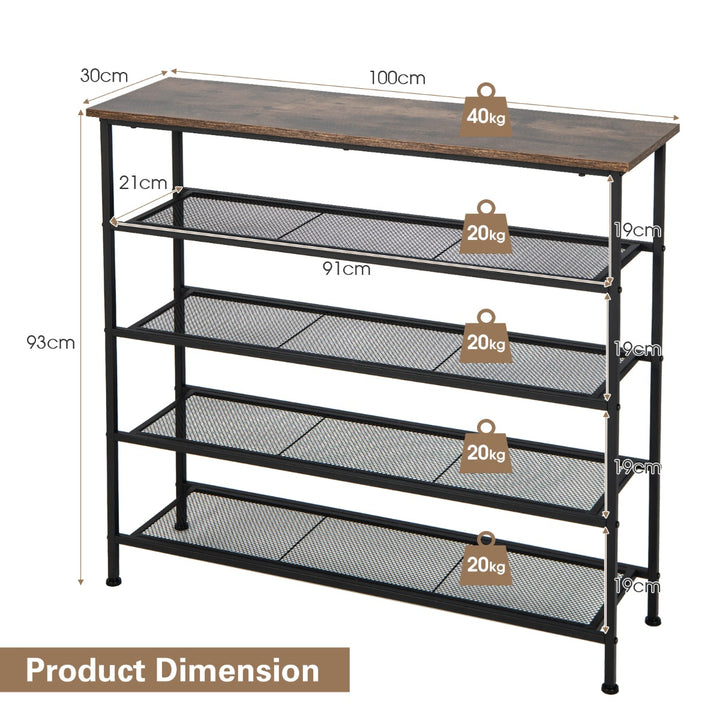 5 Tier Shoe Storage Rack with Metal Mesh Shelves and Wooden Top Brown - TidySpaces