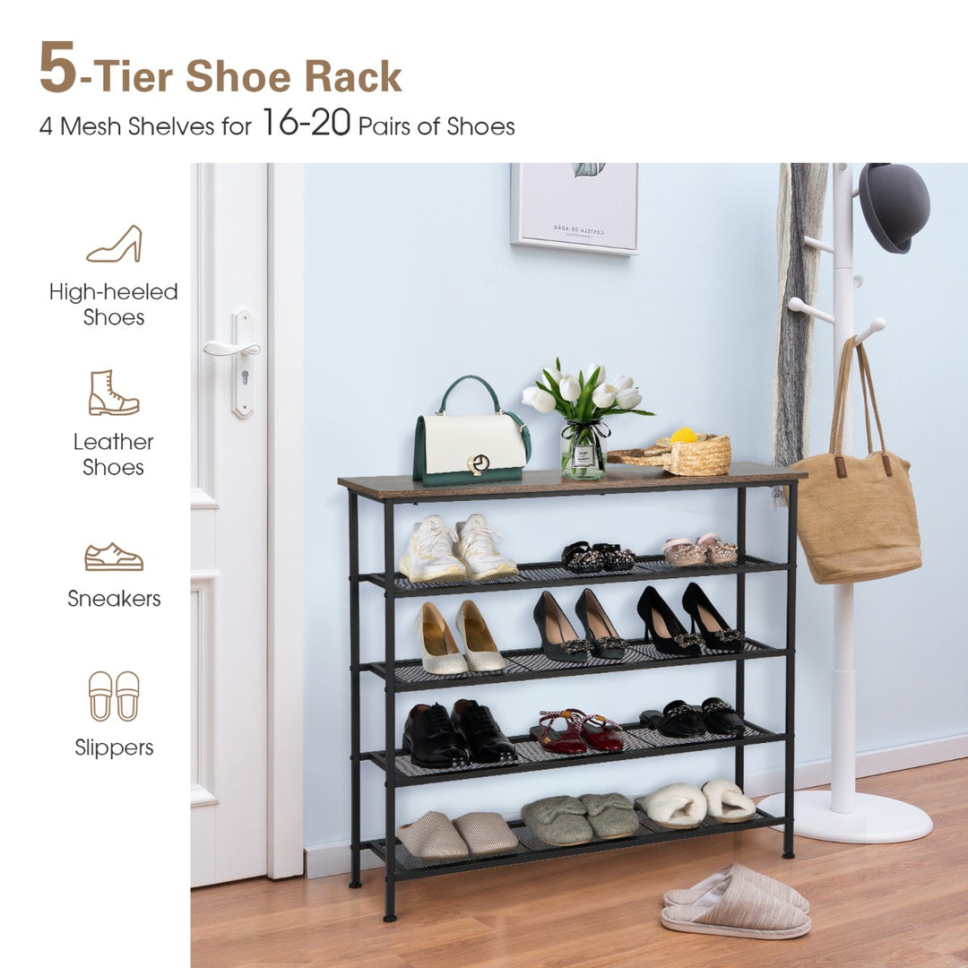 5 Tier Shoe Storage Rack with Metal Mesh Shelves and Wooden Top Brown - TidySpaces