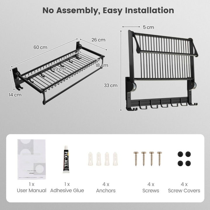 Foldable Bathroom Towel Rack with Adjustable Towel Bar and Movable Hooks - TidySpaces
