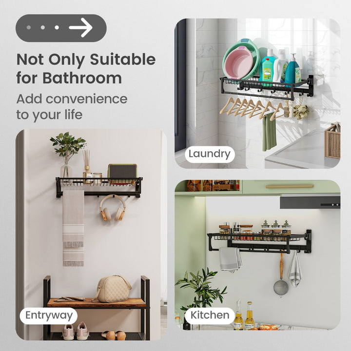 Foldable Bathroom Towel Rack with Adjustable Towel Bar and Movable Hooks - TidySpaces