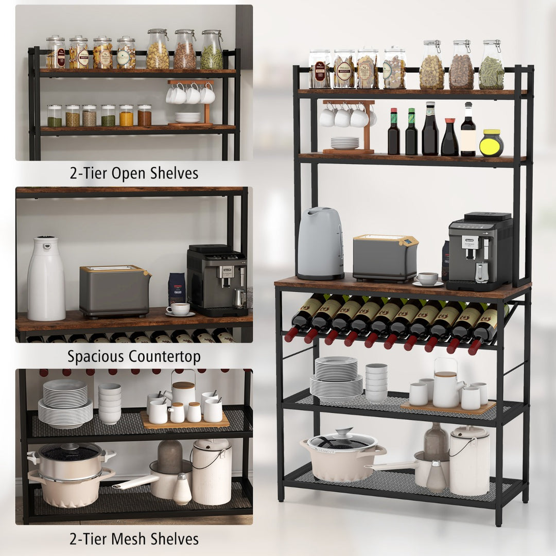 6-Tier Kitchen Bakers Rack with Wine Storage-Brown - TidySpaces