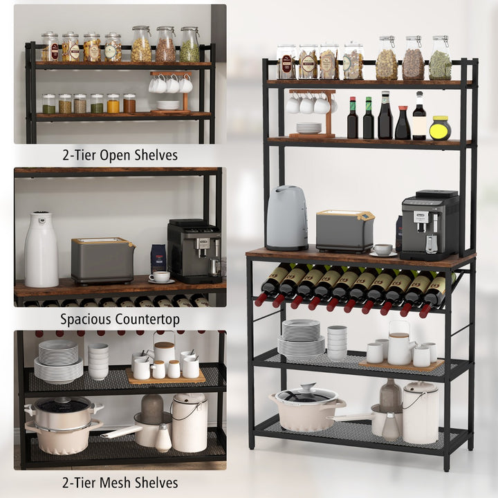 6-Tier Kitchen Bakers Rack with Wine Storage-Brown - TidySpaces