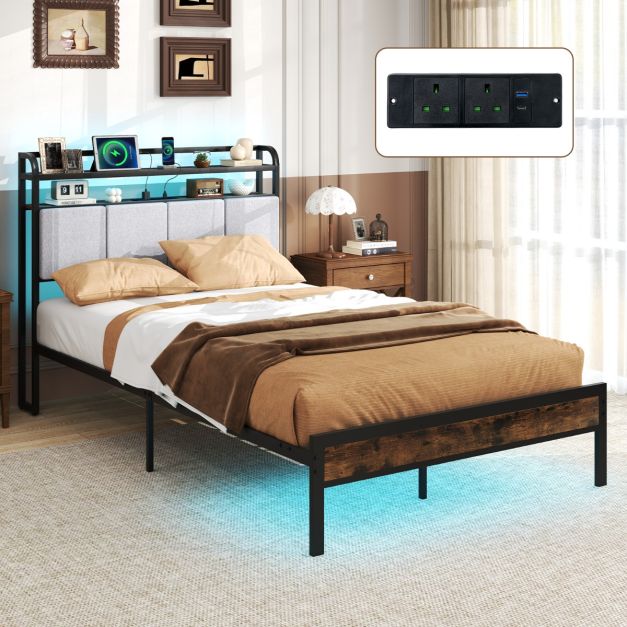 Bed Frame with LED Light and Charging Station for Multiple Sizes