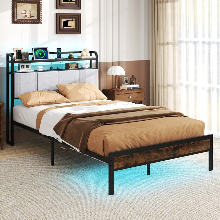 Bed Frame with LED Light and Charging Station - TidySpaces