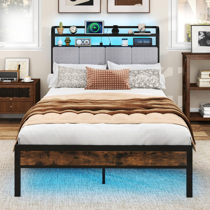Bed Frame with LED Light and Charging Station - TidySpaces