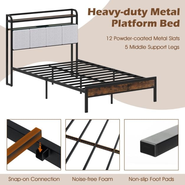 Bed Frame with LED Light and Charging Station for Multiple Sizes