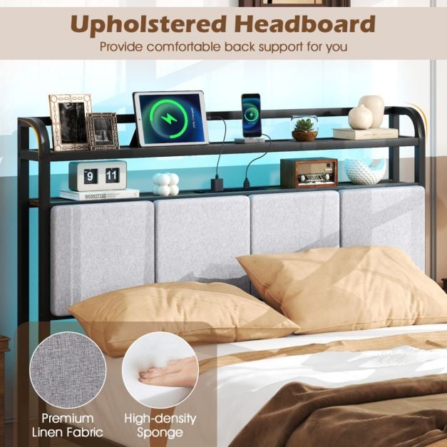Bed Frame with LED Light and Charging Station for Multiple Sizes