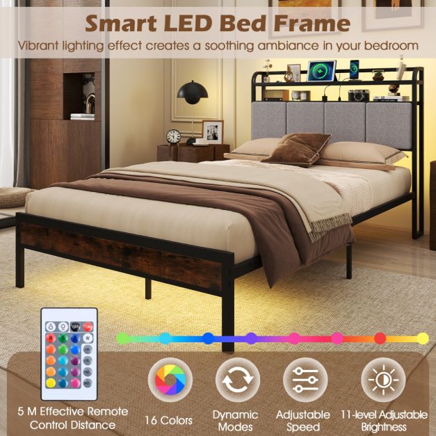 Bed Frame with LED Light and Charging Station for Multiple Sizes