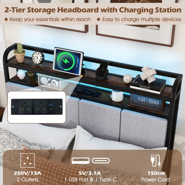 Bed Frame with LED Light and Charging Station for Multiple Sizes