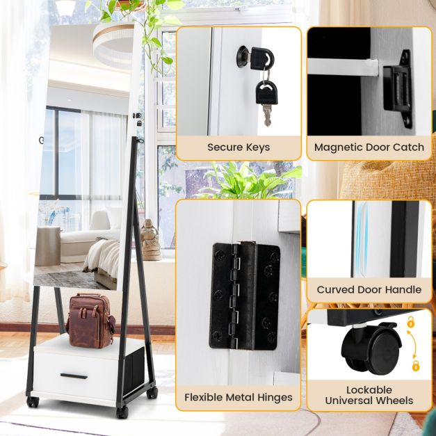 Mobile Standing Lockable Jewellery Cabinet with Full Length Mirror - TidySpaces