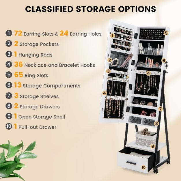 Mobile Standing Lockable Jewellery Cabinet with Full Length Mirror - TidySpaces
