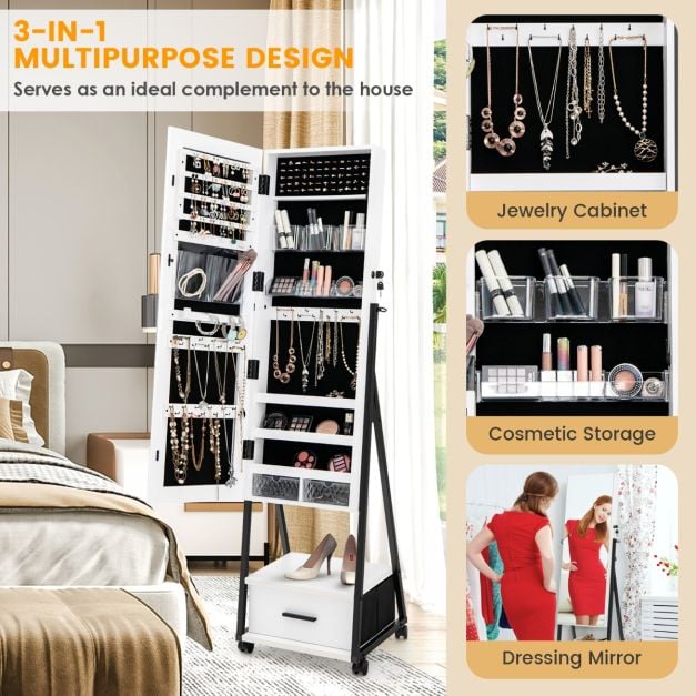 Mobile Standing Lockable Jewellery Cabinet with Full Length Mirror - TidySpaces
