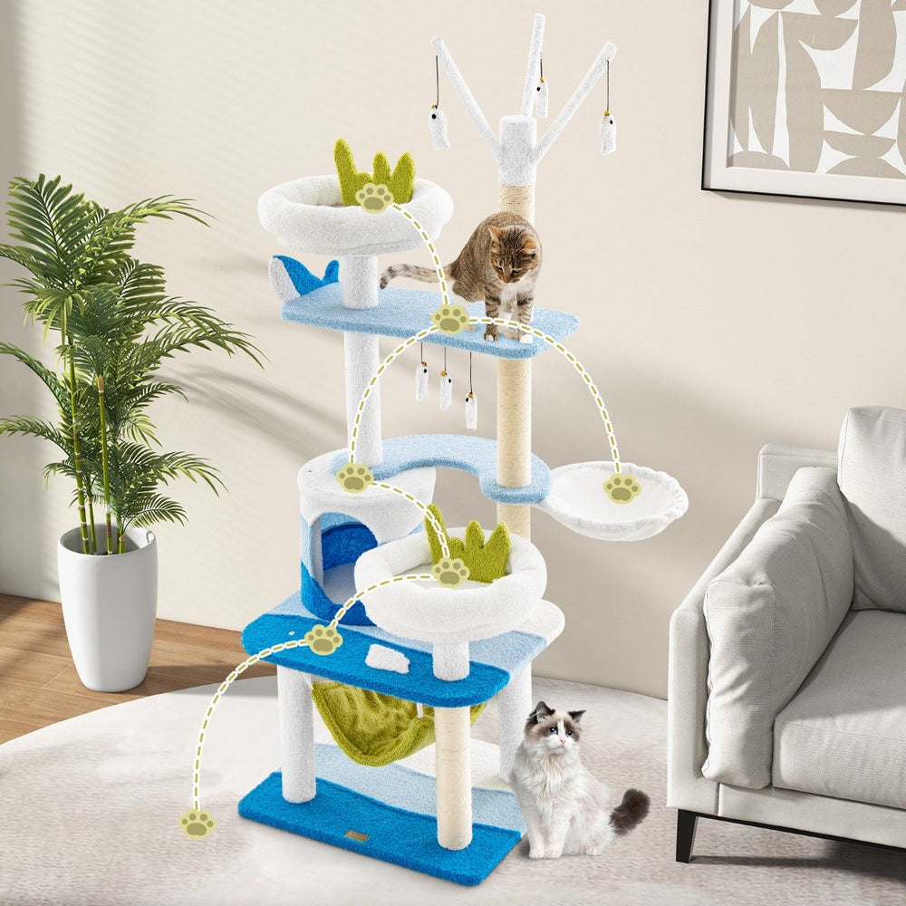 Multi-level Cat Tower with Sisal Covered Scratching Posts-Blue - TidySpaces