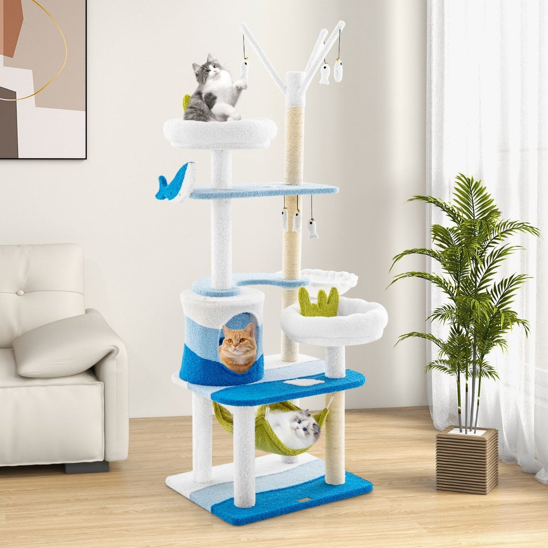 Multi-level Cat Tower with Sisal Covered Scratching Posts-Blue - TidySpaces