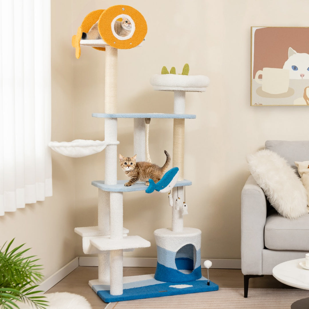 Ocean-themed Cat Tree Tower with Sisal Covered Scratching Posts-Blue - TidySpaces