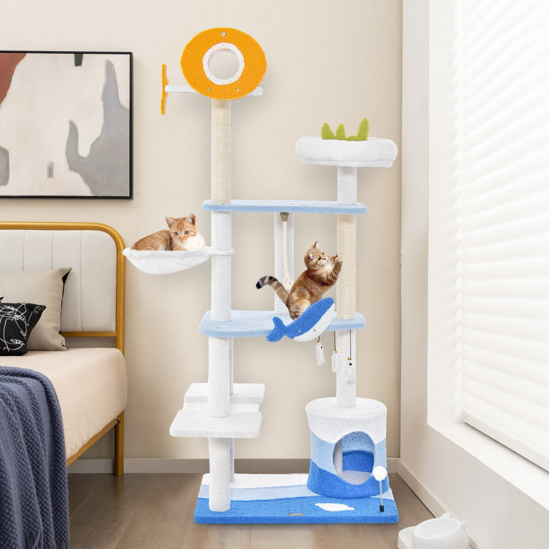 Ocean-themed Cat Tree Tower with Sisal Covered Scratching Posts-Blue - TidySpaces