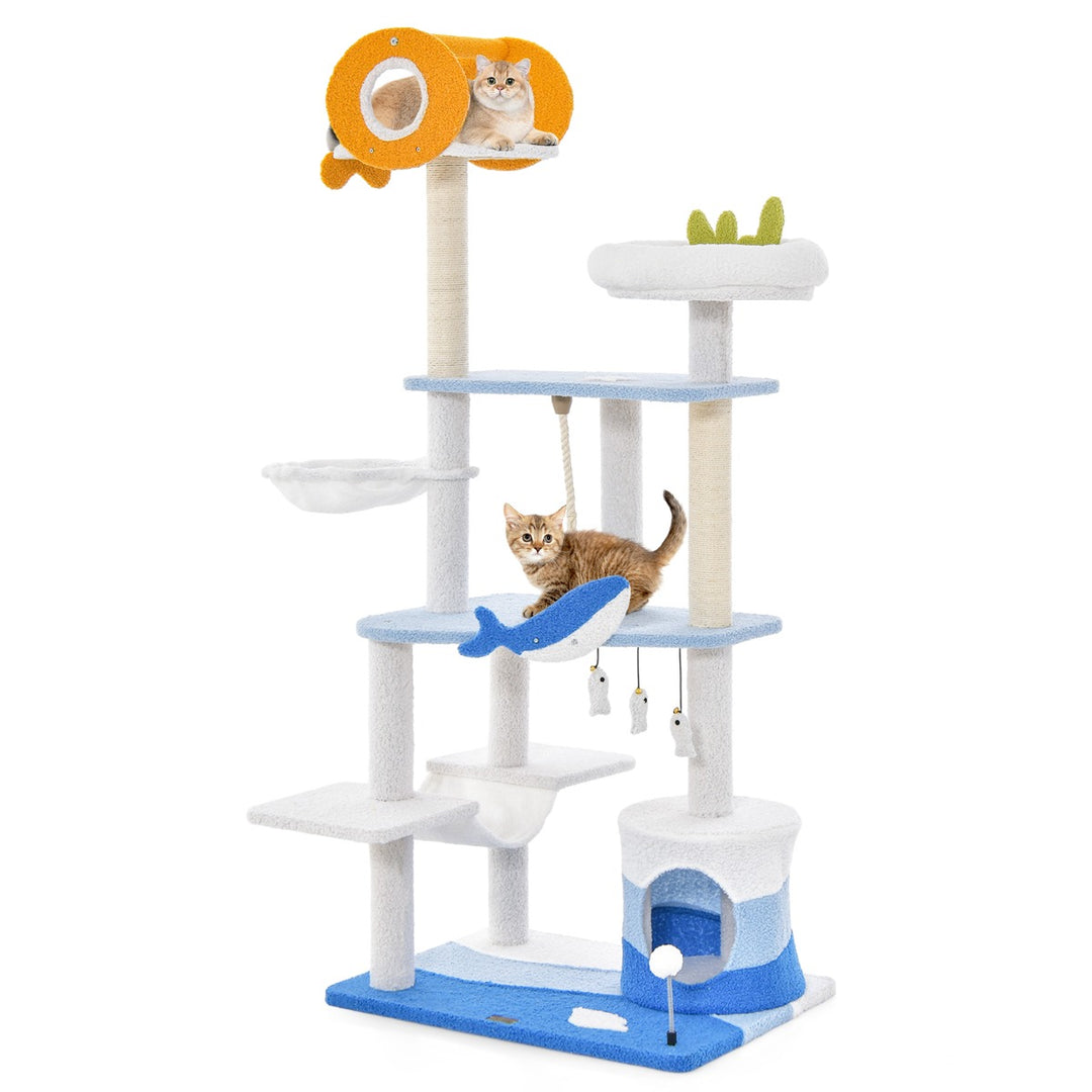 Ocean-themed Cat Tree Tower with Sisal Covered Scratching Posts-Blue - TidySpaces