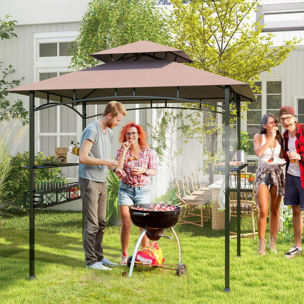 Outdoor Grill Gazebo Double Tiered BBQ Canopy Tent with 2 Side Shelves-Brown - TidySpaces