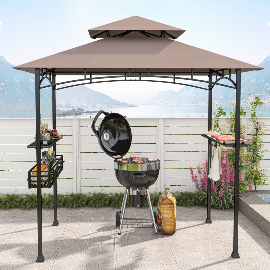 Outdoor Grill Gazebo Double Tiered BBQ Canopy Tent with 2 Side Shelves-Brown - TidySpaces