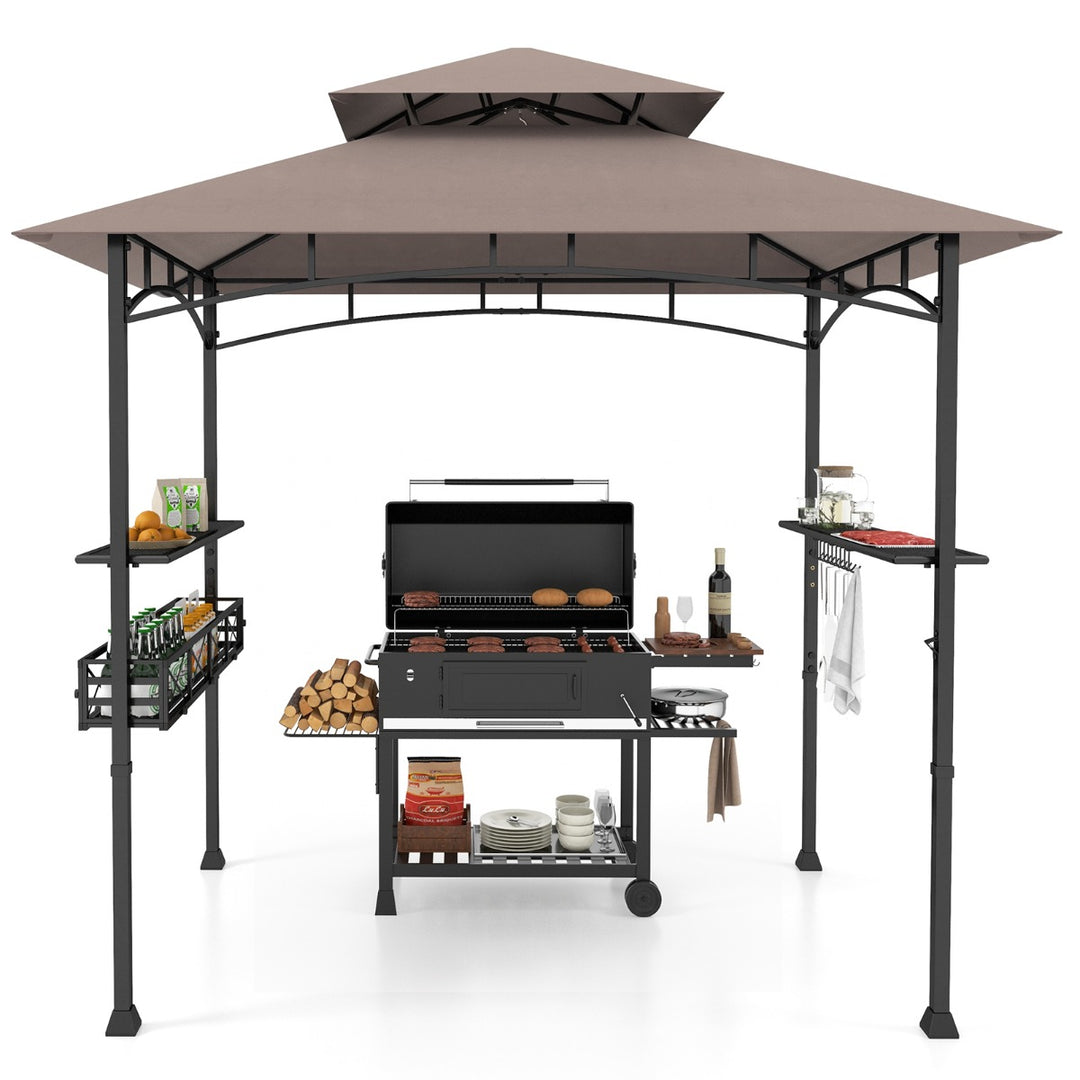 Outdoor Grill Gazebo Double Tiered BBQ Canopy Tent with 2 Side Shelves-Brown - TidySpaces