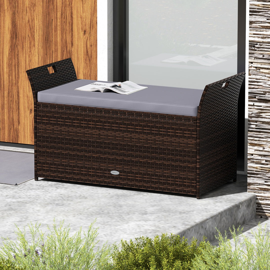 Outdoor Storage Bench with Hand-woven PE Rattan Wicker and Side Handles-Grey - TidySpaces