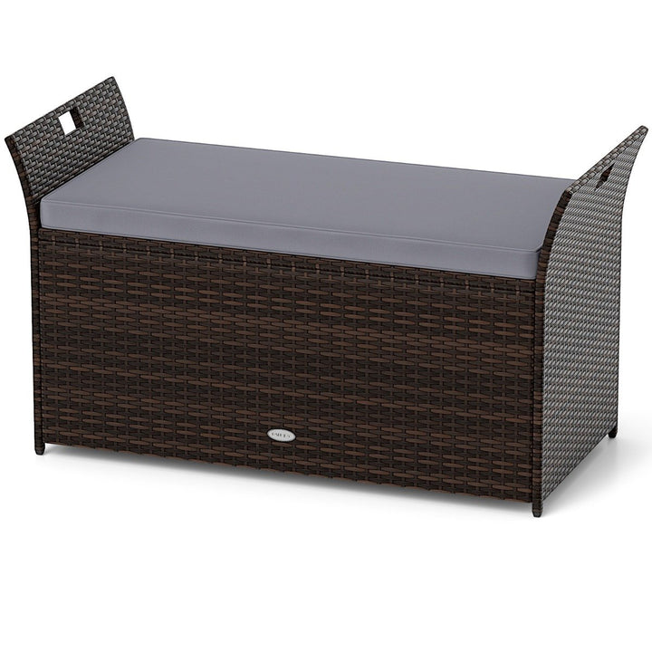 Outdoor Storage Bench with Hand-woven PE Rattan Wicker and Side Handles-Grey - TidySpaces