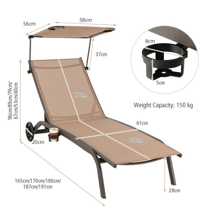 Patio Chaise Lounge Chair with Wheels and Adjustable Canopy - TidySpaces