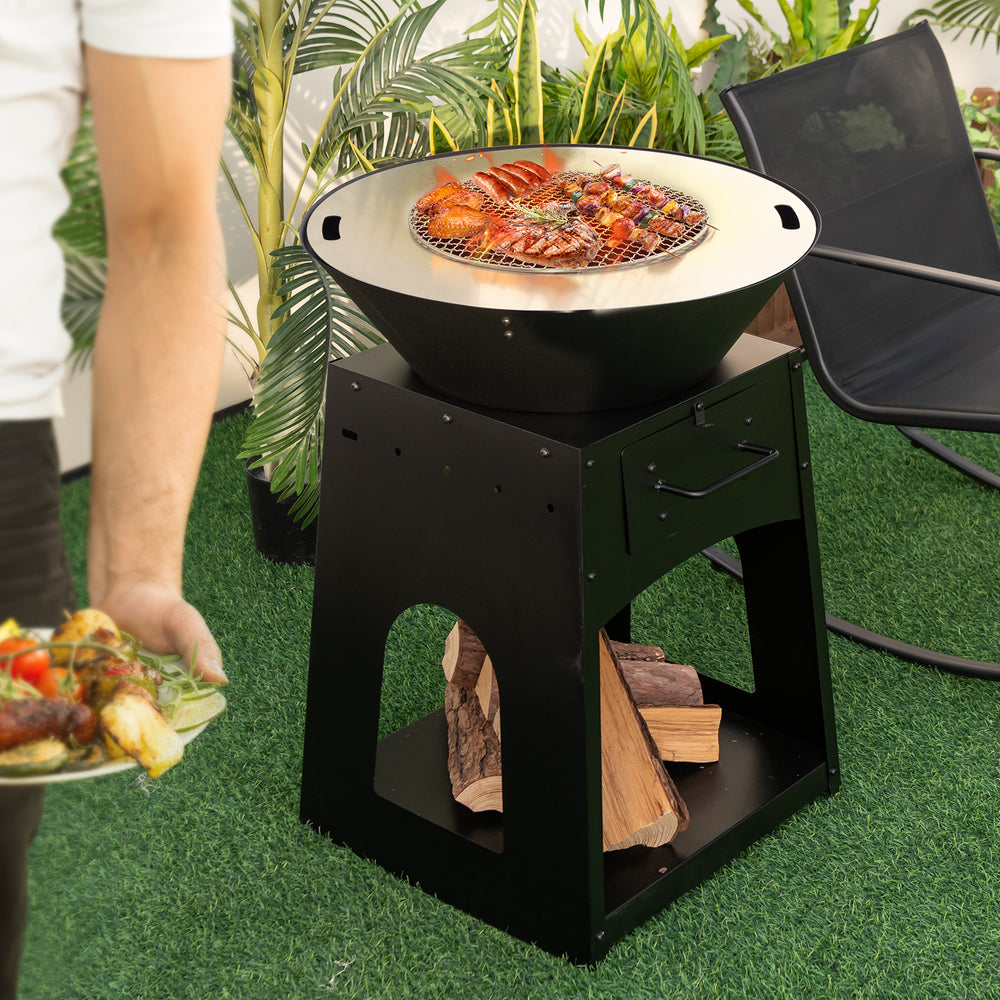 Heavy Duty Fire Pit With firewood rack and Fire Poker-Black - TidySpaces